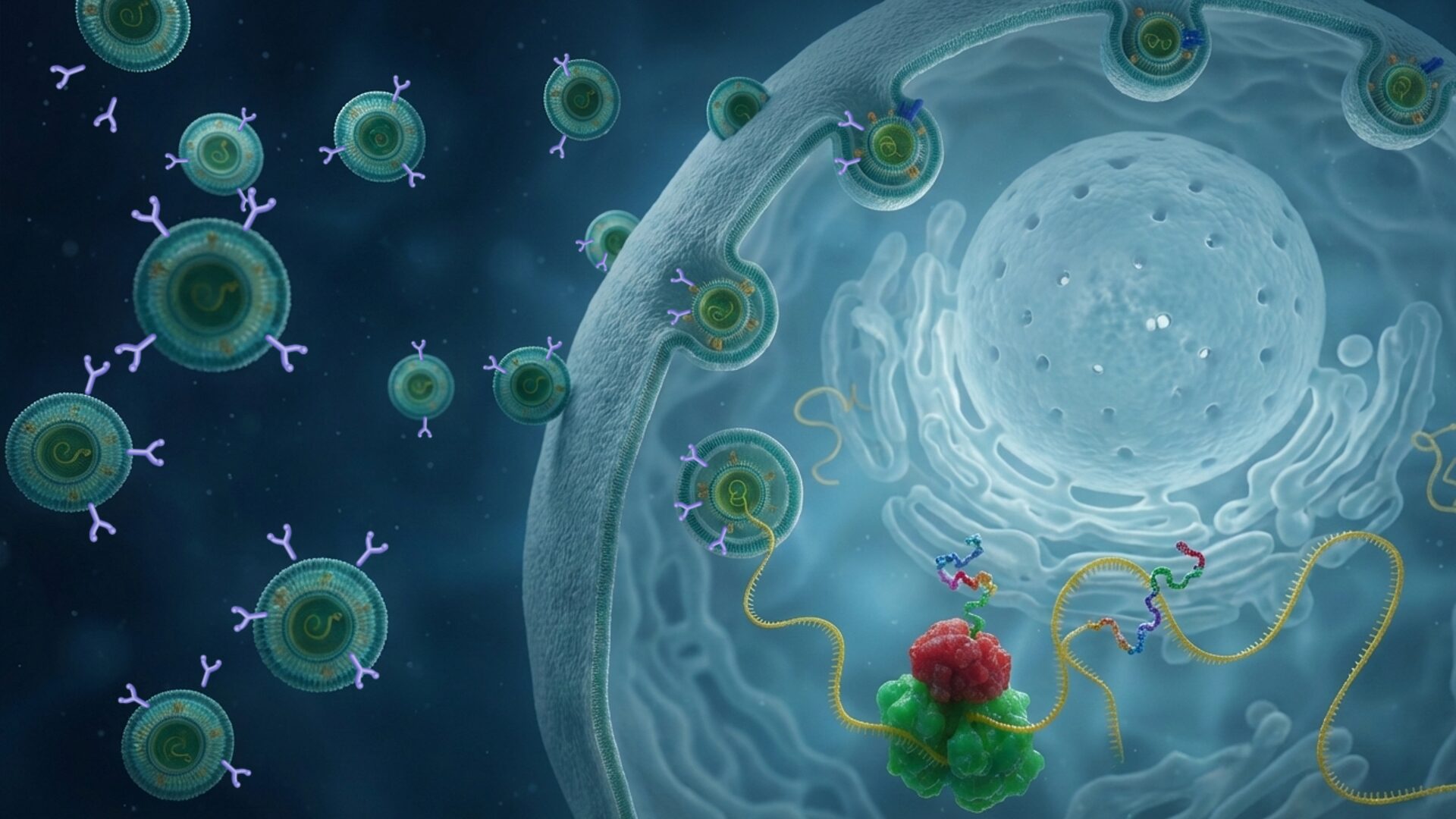 Targeted lipid nanoparticles, each carrying nucleic acid cargo and displaying surface targeting binders, approaching and entering a cell.
